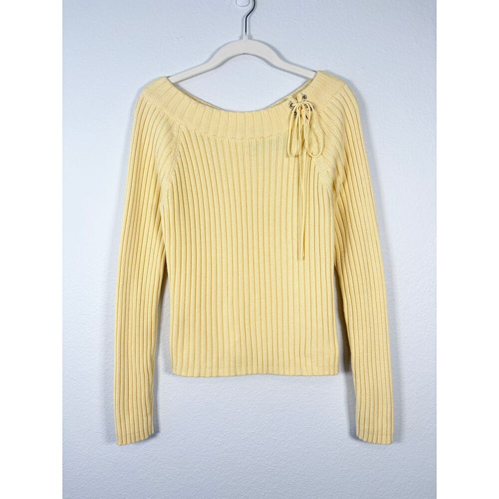Women's Y2K Moda International Butter Yellow Off The Shoulder Lace Up Sweater